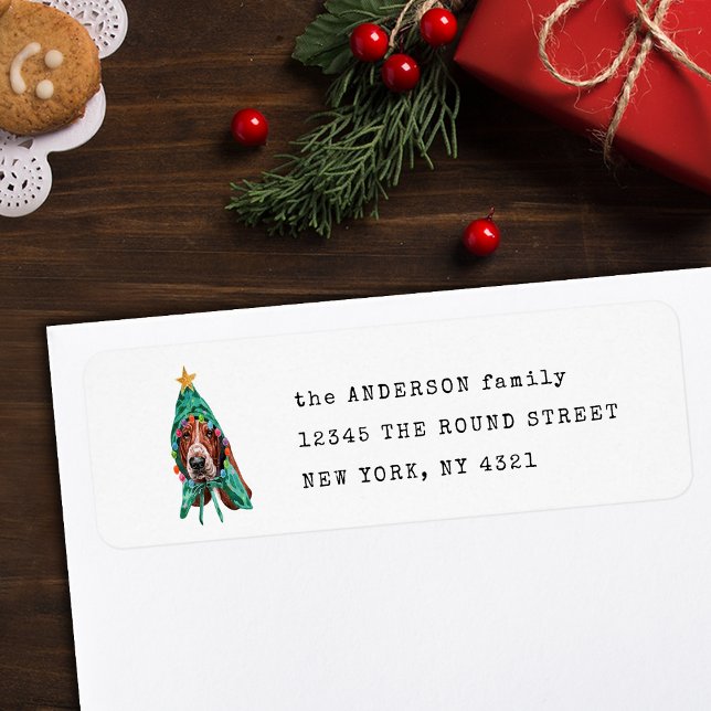 Returadress för Hund av jullagring i Cute Basset Returadress Etikett (Skapare uppladdad)