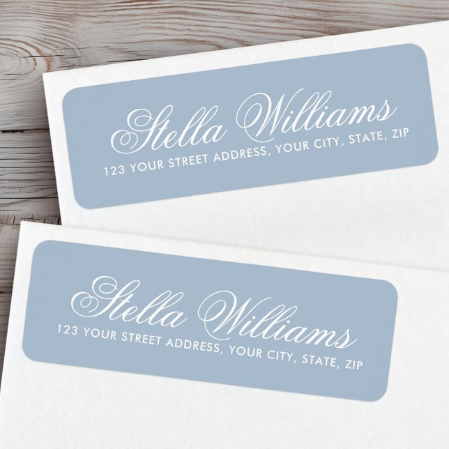 Returadress för kalligrafiskript för upplöst dammi returadress etikett (Muted dusty blue calligraphy script return address label)