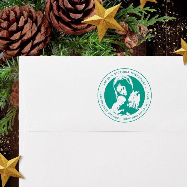 Returadress för katolsk Madonna och Grönt för barn Självfärgande Stämpel (Religious Christmas return address stamp in green ink with Madonna and Child for Catholics)