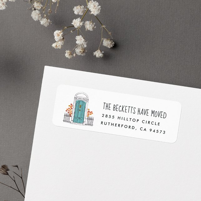 Returadress för meddelande om Flytta vid blå dörr Returadress Etikett (Skapare uppladdad)