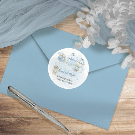 Returadress för nalle Balloons Boy Baby Shower Runt Klistermärke