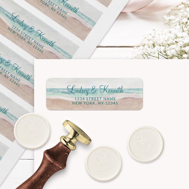 Returadress för öns Breeze Pavisserligen Beach Wed Etikett (Complete your tropical wedding suite with these stunning Beach Wedding Return Address Labels!)