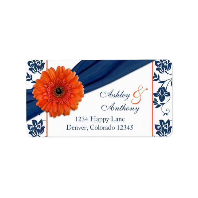 Returadress för orange Daisy Navy Damask Wedding Adressetikett (Framsidan)