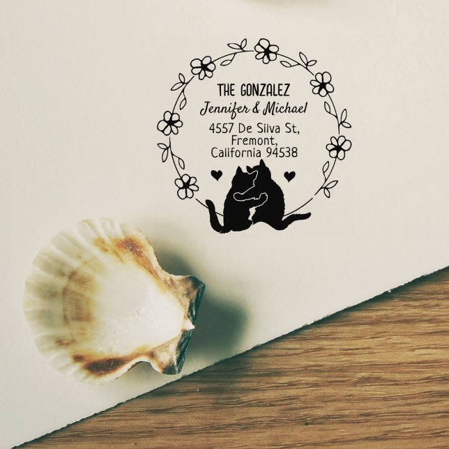Returadress för par kattor, blomcirkel stämpel (Skapare uppladdad)
