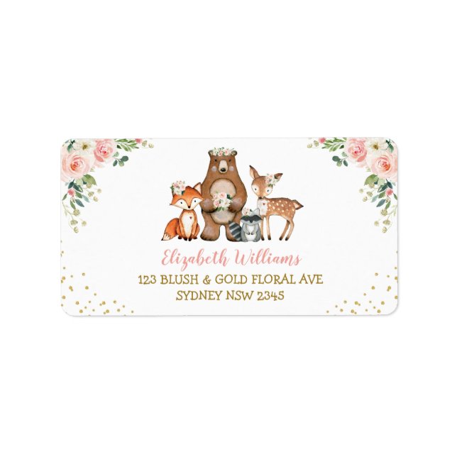 Returadress för  Rosa Woodland Animals Blommigt  Adressetikett (Framsidan)