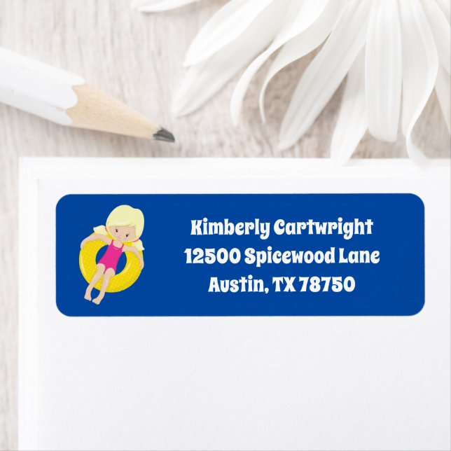 Returadress för Simman Cute Bassäng Party Blonde G Returadress Etikett (Insitu)