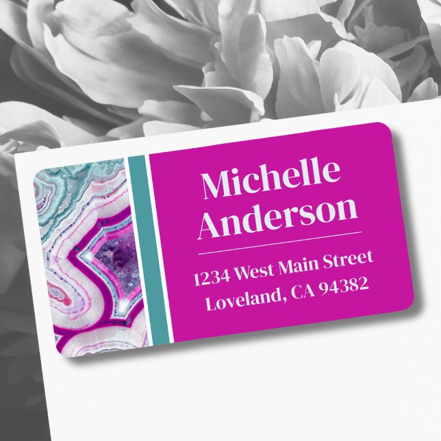 Returadress för Trendig Elegant för snyggt Adressetikett (Stylish Teal Magenta Agate Stone Stylish Address label)
