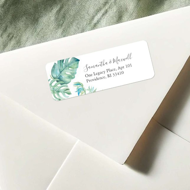 Returadress för vattenfärg i Tropical Grönt Löv Wa Etikett (tropical watercolor return address labels unique monstera palm leaf art by Victoria Grigaliunas )