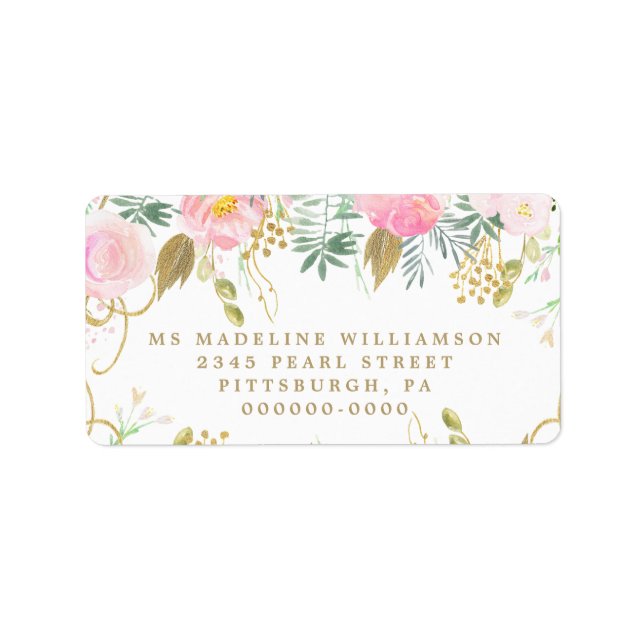 Returadress för vattenfärgen  och Guld Blommigt Adressetikett (Framsidan)