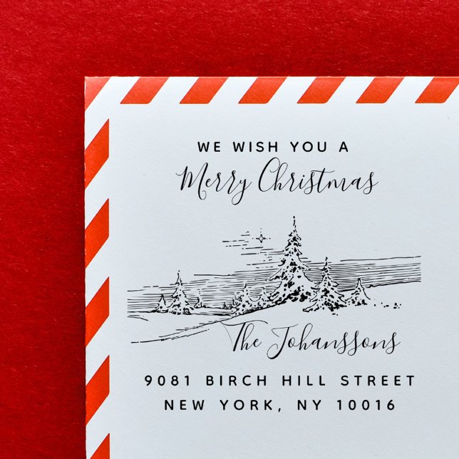 Returadress för vinterlandskapets julfamilj självfärgande stämpel (Winter Landscape Christmas Family Return Address Self-inking Stamp)