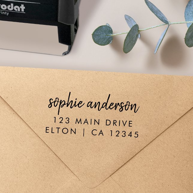 Returadress Frimärke Modern minimal självinläsning Självfärgande Stämpel (Modern handwritten return address stamp by Guava, perfect for weddings small business, and gifts)