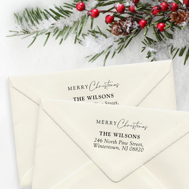 Returadress God jul för elegant Stämpel (Elegant script 'Merry Christmas' mailing stamp with personalizable family name and address)