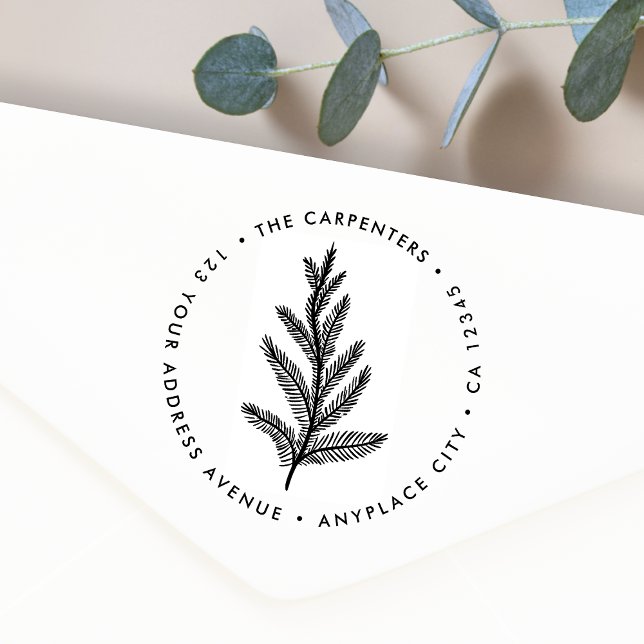 Returadress gummistämpel | Modern granbranch Stämpel (Round fir branch illustration return address rubber stamp for everyday and seasonal mailing)