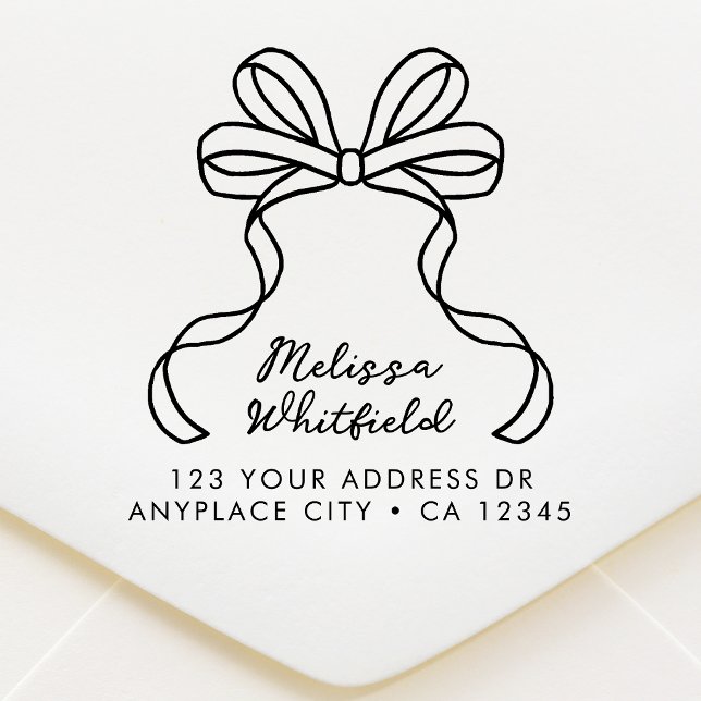 Returadress gummistempel | Coquette bandbåge Stämpel (A feminine return address stamp with pretty coquette ribbon bow line art design.)