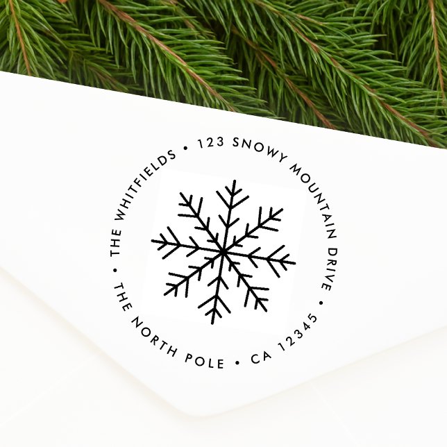Returadress gummistempel | Julsnöflinga Stämpel (Simple Christmas snowflake round return address stamp for holiday cards & seasonal parcel mailing)