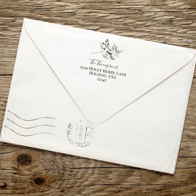 Returadress Helgdag Holly Berries Greenery Självfärgande Stämpel (Perfect for invitations, and greeting cards. )