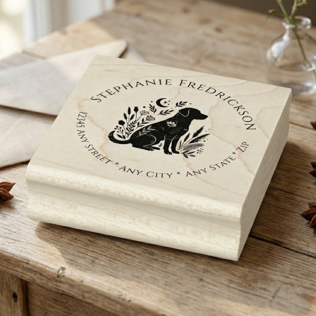 Returadress Hund Blommig Celestial Botanisk Gåva Stämpel (Black lab floral return address stamp)