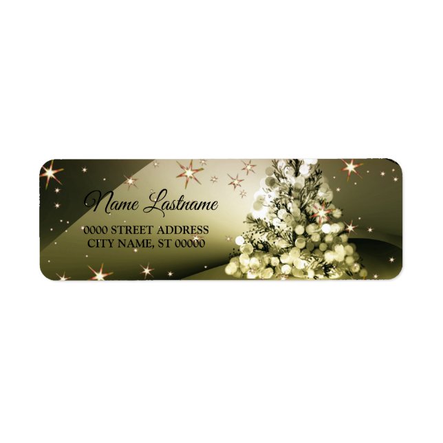 Returadress jul Golden Träd Shiny Stars Etikett (Framsidan)
