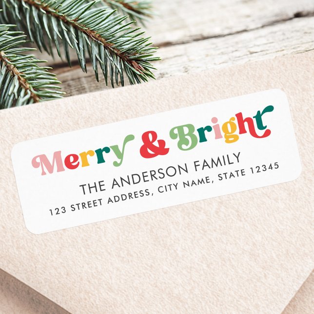 Returadress med ljusa färgstarka retroteckensnitt returadress etikett (Merry bright colorful retro font return address label)