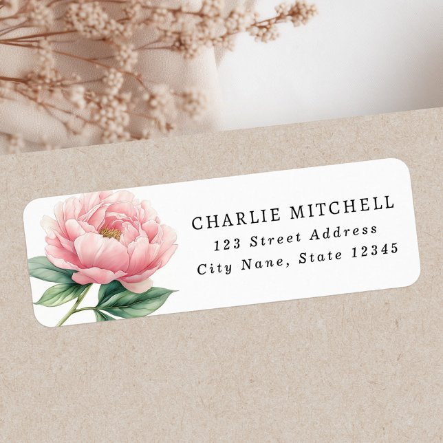 Returadress med målning av rosa peonblomma returadress etikett (Pink peony flower painting return address label)