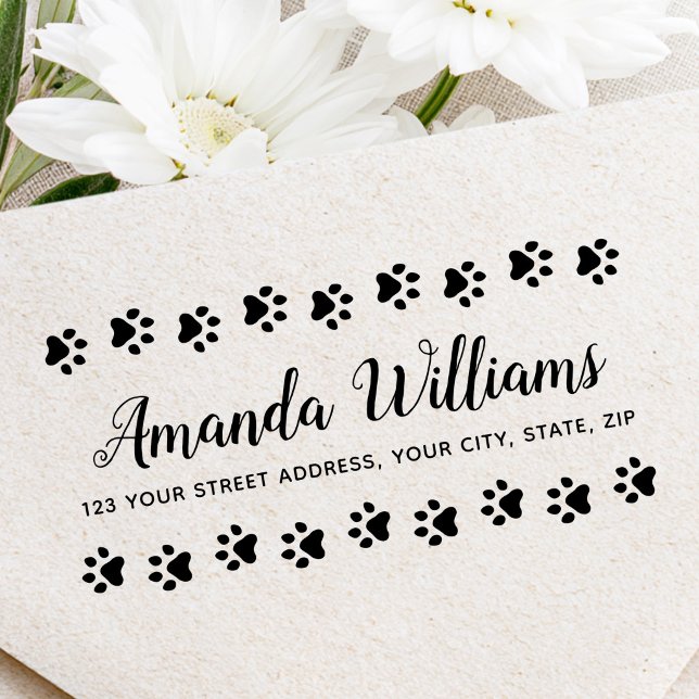 Returadress med tassavtrycksram stämpel (Paw print border return address rubber stamp)