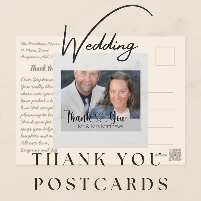 Returadress Script Bröllop Photo Tack Vykort (Return Address Script Wedding Photo Thank You Postcards)