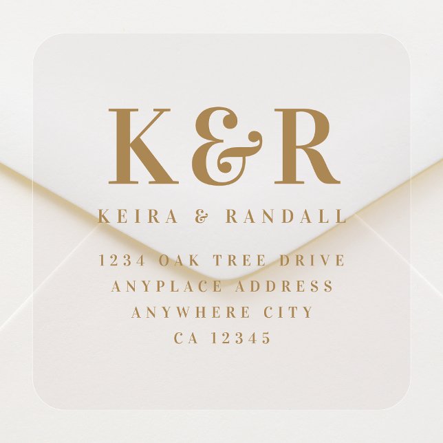 Returadress tydig etikett | Guldbröllop (Gold type pre-addressed seals for envelopes, packages & personalized wedding mail)
