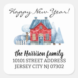 Returadress Watercolor-julhuset Helgdag House Fyrkantigt Klistermärke