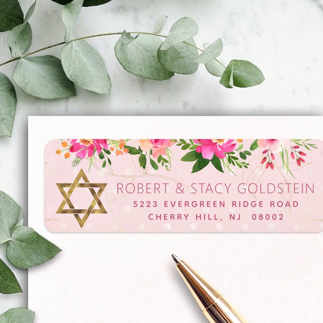 Returadressen Bat mitzvah Rosa Blommigt Girly Guld Returadress Etikett (Skapare uppladdad)