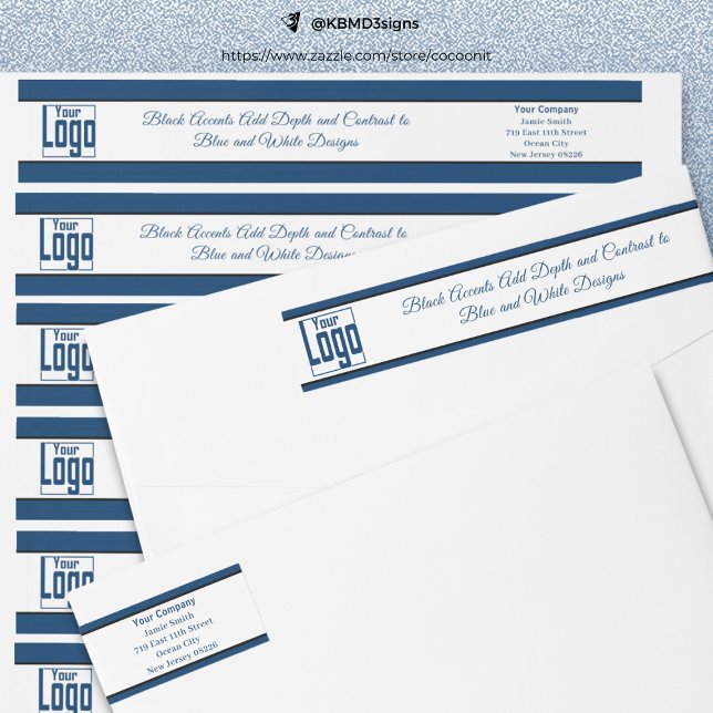 Returadressen Blåvit Logotyp Motto Blue Black Whit Etikettband (Company Logo Motto Blue Black White Return Address Wrap Around Label)