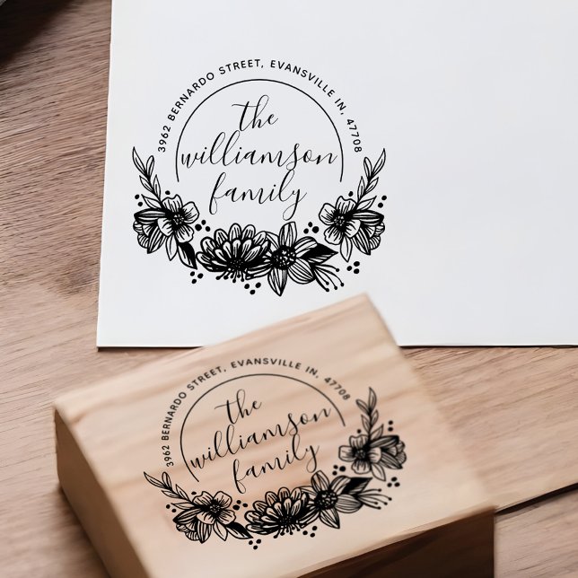 Returadressen Classy Flower Botanical Family Namn Stämpel (Classy Flower Botanical Family Name Return Address Rubber Stamp)