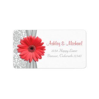 Returadressen Coral Daisy Grått Damask Wedding Adressetikett