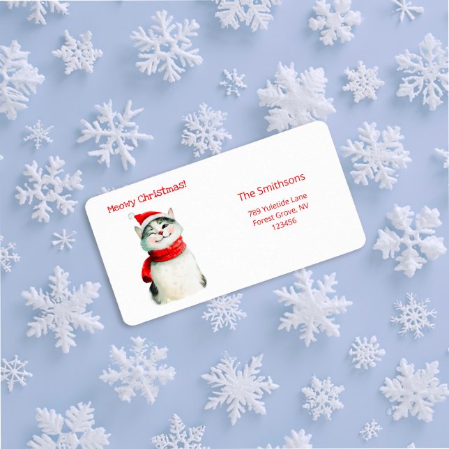 Returadressen Cute Meowy Cat jul Adressetikett (Cute Meowy Christmas Cat Return Address Label)