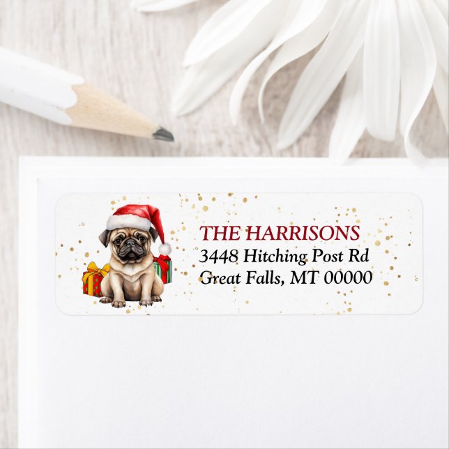 Returadressen Cute Santa Hat Pug Puppy Gifts Returadress Etikett (Insitu)