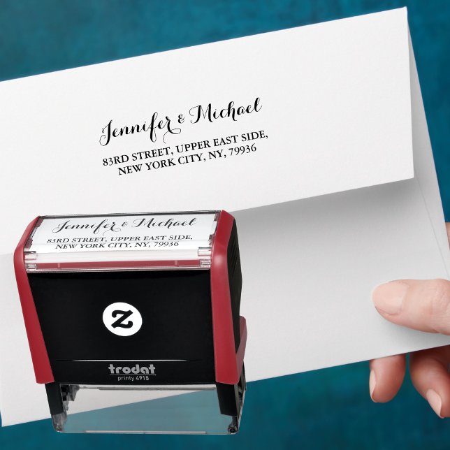 Returadressen elegant Skript par Namn Bröllop Självfärgande Stämpel (Elegant Script Couple Name Weddings Return Address Self-inking Stamp)