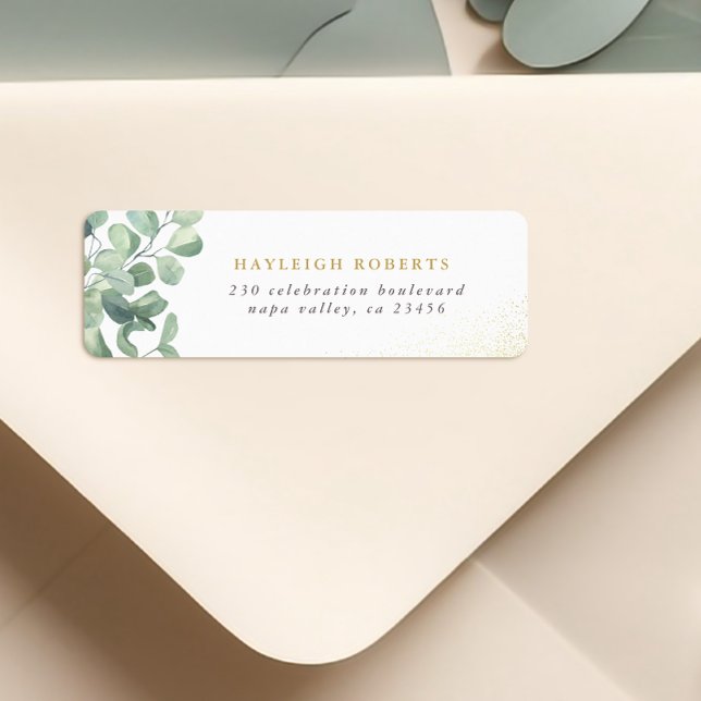 Returadressen Eucalyptus Greenery & Guld Namn Returadress Etikett (Return Address Label Mock-up)