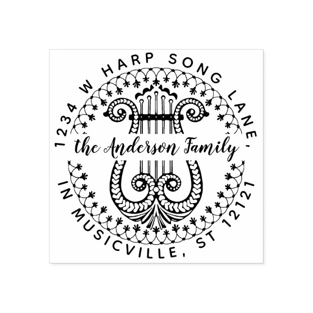 Returadressen Family Namn | Elegant Ornate Harp Stämpel (Tryck)