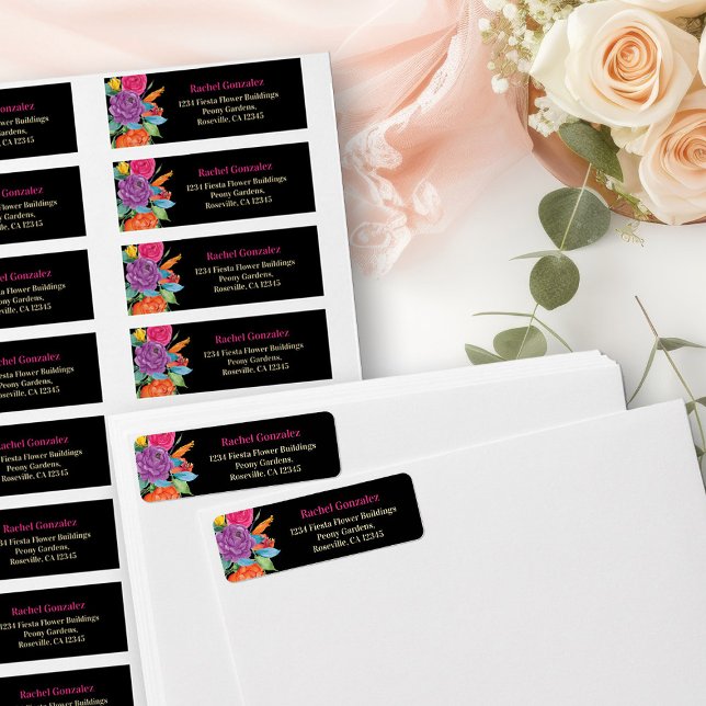 Returadressen Färgad Fiesta Flower Blommigt Black Returadress Etikett (Return Address Labels from my Fiesta Flowers Quinceanera Collection)