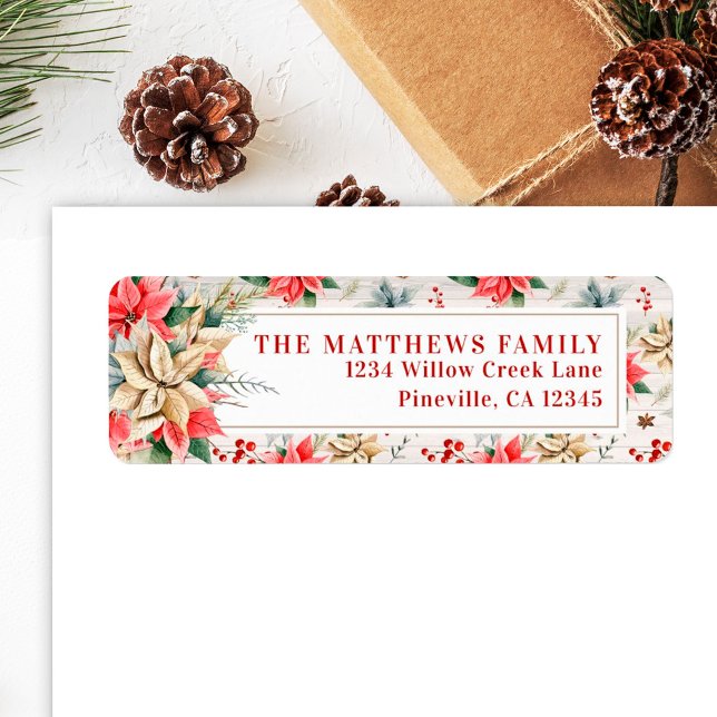 Returadressen Farmhouse Poinsettia Rustic Wood Returadress Etikett (Skapare uppladdad)