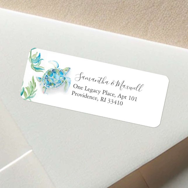 Returadressen för havsfärgad Sea Turtle Beach Returadress Etikett (beach return address labels watercolor sea turtle art by Victoria Grigaliunas of Do Tell A Belle)