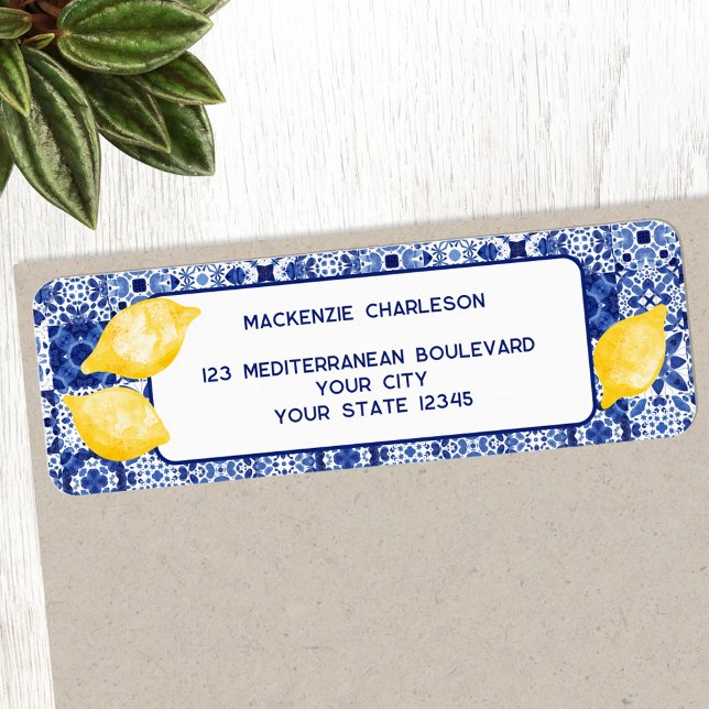 Returadressen för keramiska plattor i Medelhavet Returadress Etikett (Modern Mediterranean lemon citrus watercolor blue and white tile personalize return address labels)