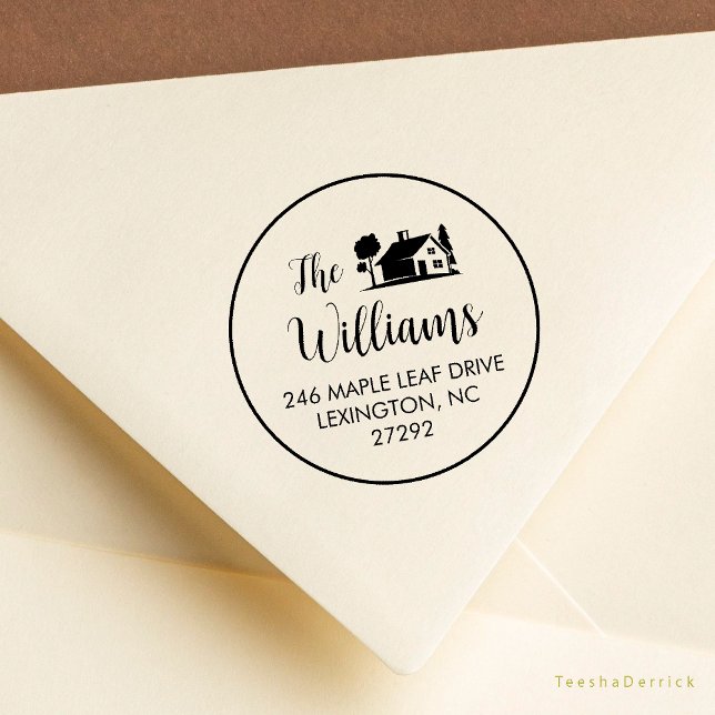 Returadressen för vårt nya kammarmeddelande stämpel (Our New House Address Announcement Modern Rustic Round Rubber Stamp)