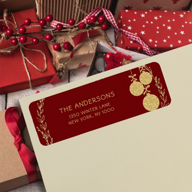 Returadressen Glitter vid jul Maroon Guld Returadress Etikett (Christmas Maroon Gold Glitter Return Address Label)