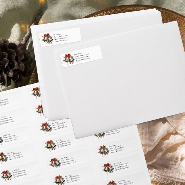 Returadressen Golden Klockor Holly och Red Bow Returadress Etikett (Return address labels from the Holly Bells Wedding Collection by Darling & May)