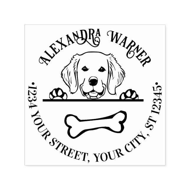 Returadressen Golden Retriever Eying Bone Namn Självfärgande Stämpel (Design)