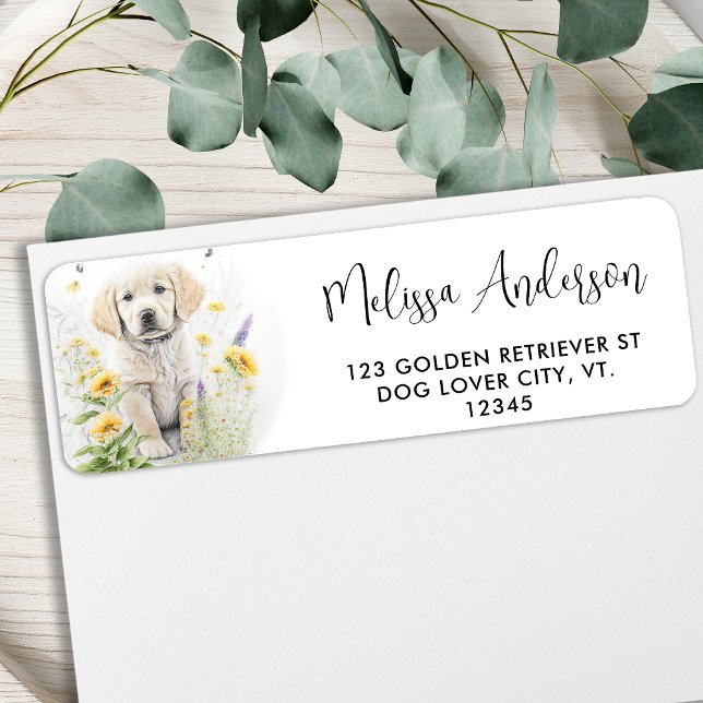 Returadressen Golden Retriever Hund Puppy Flowers Returadress Etikett (Skapare uppladdad)