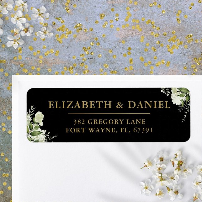 Returadressen Grey Black och Guld Bröllop Returadress Etikett (Greenery Black And Gold Wedding Return Address Label)