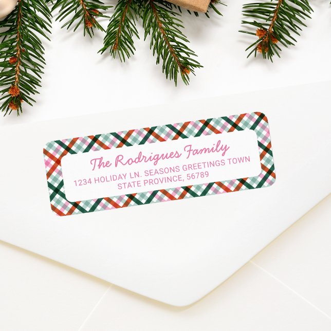 Returadressen Grönt Red Rosa  Juli Gingham Returadress Etikett (Christmas gingham pattern, pink red and green address label)