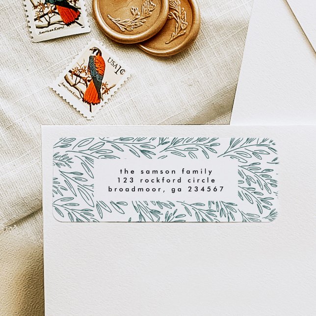 Returadressen grönt Vines Returadress Etikett (Green vines hand-drawn botanical festive return address label.)