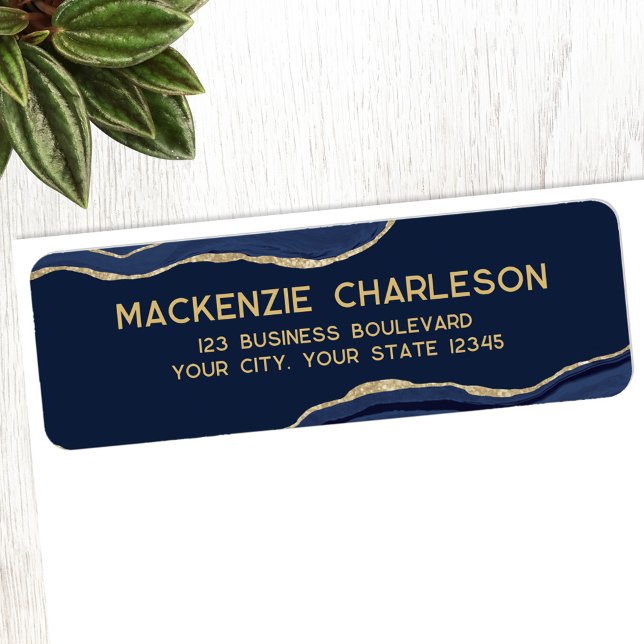 Returadressen Guld Glitter i marmor, blå marmor Returadress Etikett (Navy blue agate marble geode with gold detail personalized return address label)
